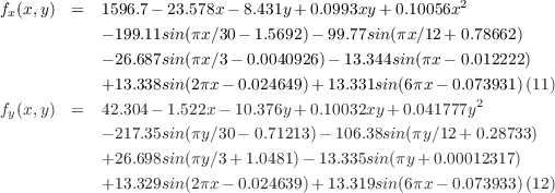 fx(x,y)  =  1596.7- 23.578x - 8.431y +0.0993xy+ 0.10056x2
           - 199.11sin(πx∕30- 1.5692) - 99.77sin (πx∕12 + 0.78662)

           - 26.687sin(πx∕3- 0.0040926)- 13.344sin(πx - 0.012222)
           +13.338sin(2πx- 0.024649) +13.331sin(6πx - 0.073931)(11)
fy(x,y)  =  42.304- 1.522x - 10.376y +0.10032xy+ 0.041777y2
           - 217.35sin(πy∕30- 0.71213)- 106.38sin(πy∕12 +0.28733)

           +26.698sin(πy∕3+ 1.0481) - 13.335sin(πy + 0.00012317)
           +13.329sin(2πx- 0.024639) +13.319sin(6πx - 0.073933)(12)
